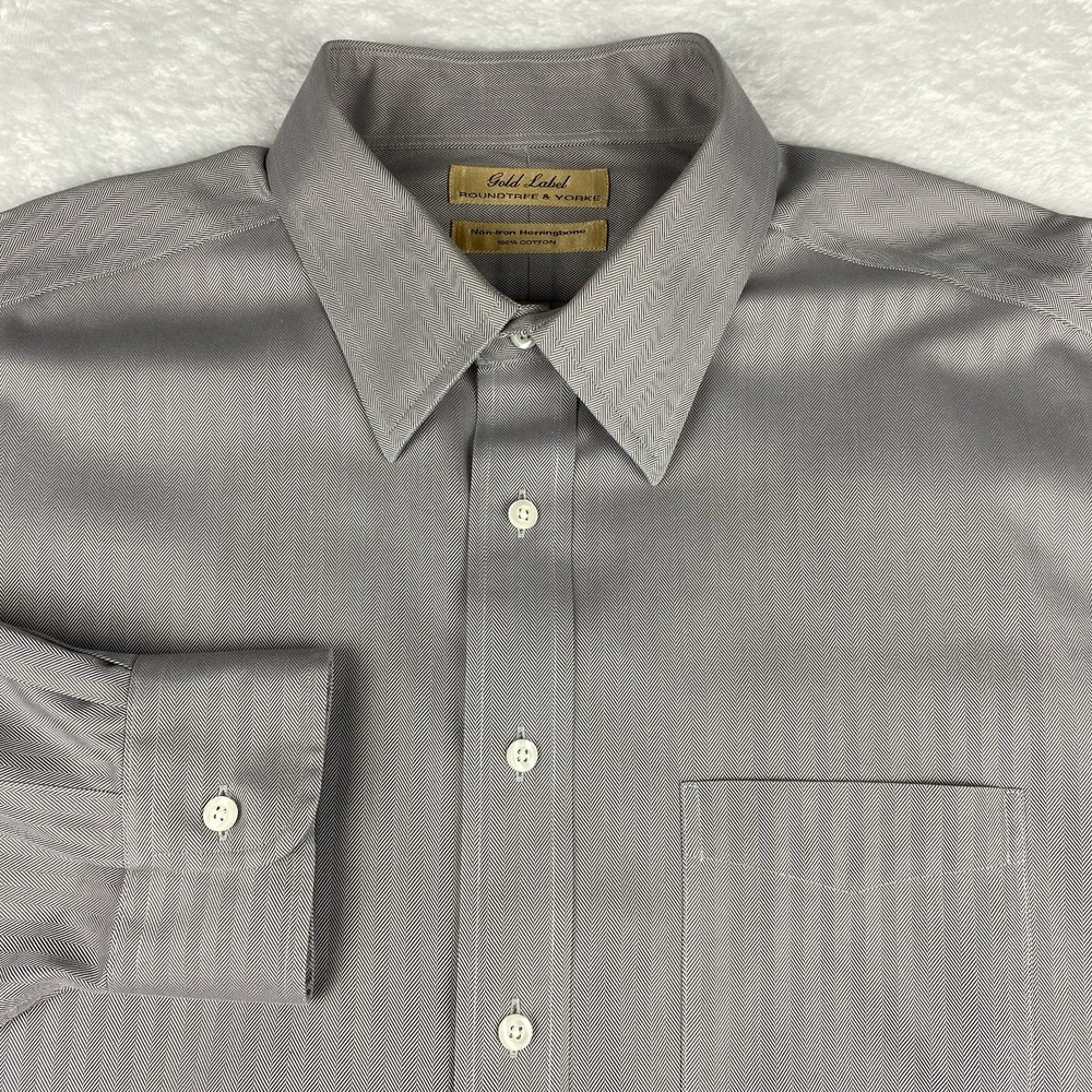 Roundtree & Yorke Gold Label Dress Shirt Mens 17.5-34 Gray Herringbone Regular